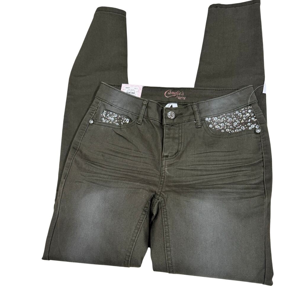 Candie's Skinny Jeggings Dark Olive‎ Green Rhinestone Embellished Size 0 NWT